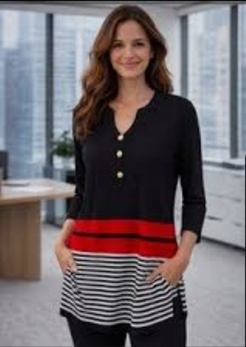 Exclusively Misook Colorblock Knit Tunic Sweater Black Red Stripe Small Petite